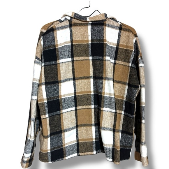 Unbranded Women's Long Sleeve Button Down Tan/Black/White Loose Flannel Shirt - Picture 9 of 15